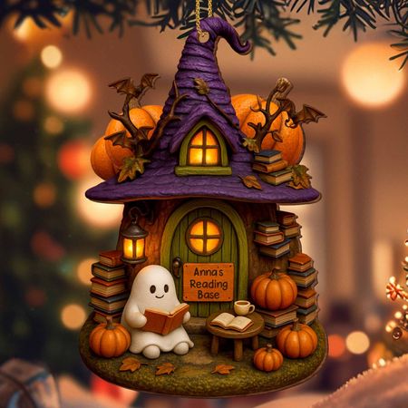 Cozy Witch Hat And Ghost Reading - Personalized Custom Wood Ornament, Custom Shaped