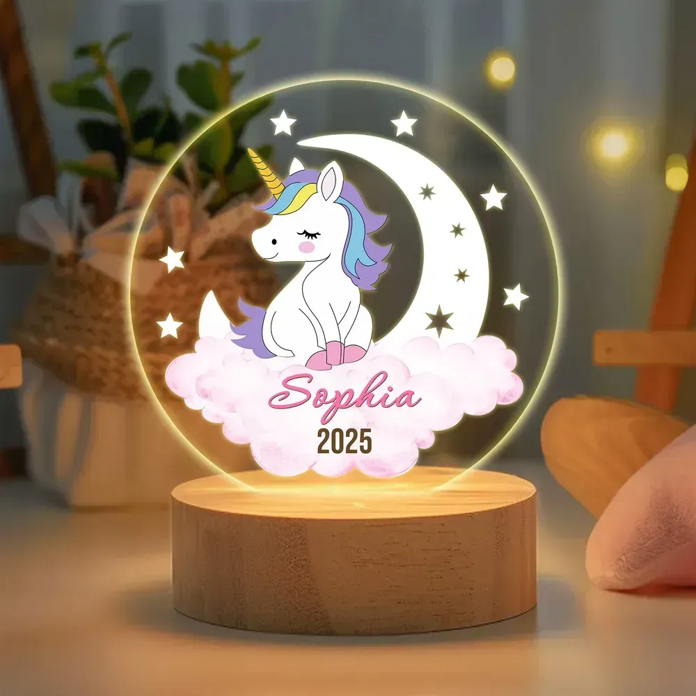 Personalized Dreamy Moon Forest Animal LED Night Light with Name Text and Wooden Base Nursery Room Decor Birthday Baby Shower Gift for Baby Kid