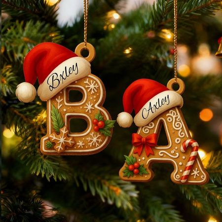 Personalized Gingerbread Letter Ornament, Custom Initial Christmas Decoration, Stocking Name Tags, Family Holiday Keepsake Ornaments