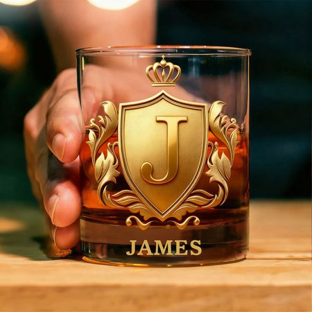 Personalized Golden 3D Badge Initial Name Whiskey Glass Old Fashioned Birthday Gift for Man Bartender Whiskey Enthusiast