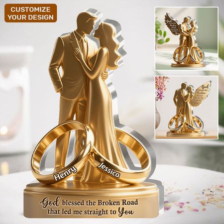 Personalized Gold Wedding Couple Acrylic Plaque | Custom Name God Blessed the Broken Road Marriage Keepsake
