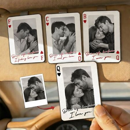 King & Queen Personalized Wooden Photo Visor Clip for Couples - Perfect Pair Custom Car Accessory