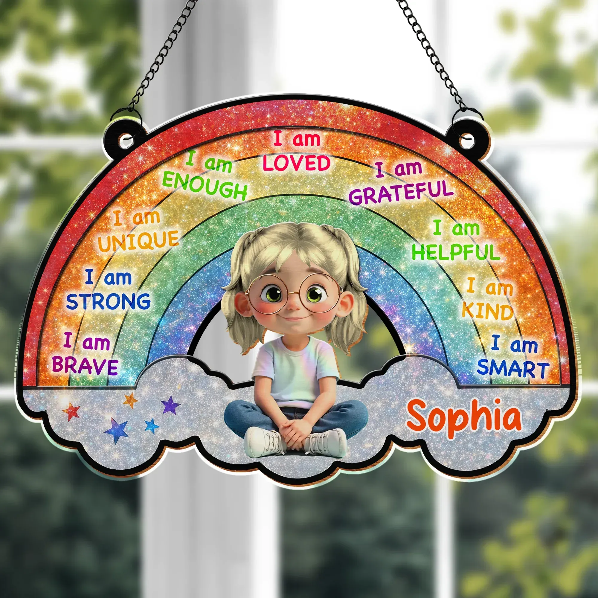Personalized Rainbow Affirmations Suncatcher | Custom Name & Cartoon Kid Positive Affirmation Keepsake