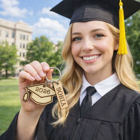 Personalized Graduation Cap Wooden Keychain | Custom Name & Year Graduation Keepsake