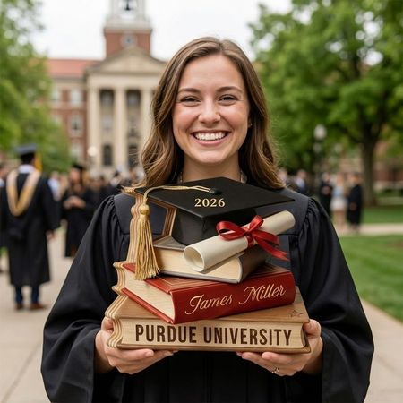 Personalized Graduation Book Stack Wooden Plaque | Custom Name & University Keepsake