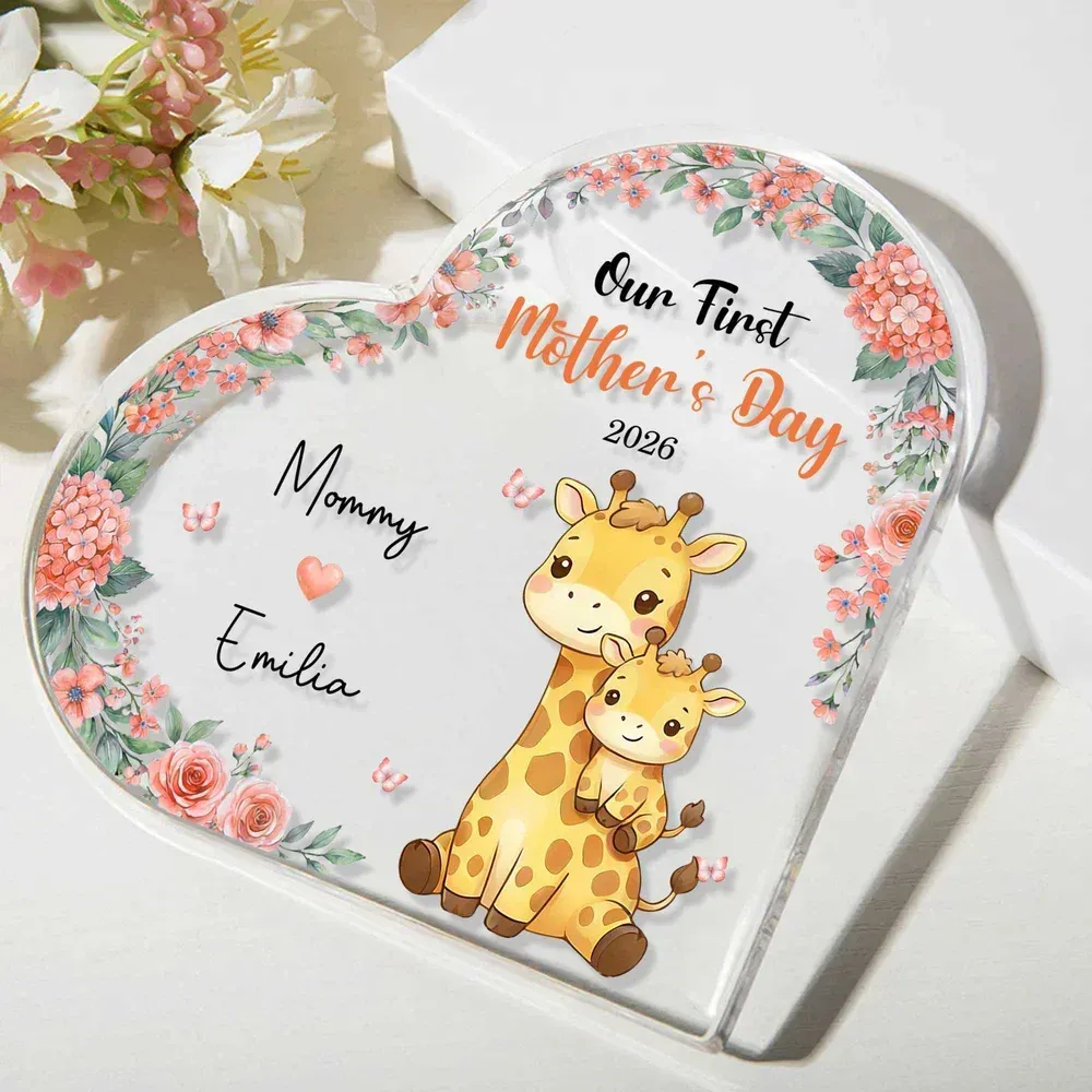 Personalisierte Acryl-Plakette zum 1. Muttertag – Niedliches Eltern-Kind-Tiermotiv im Herz-Design mit Name & Jahreszahl – Wohnaccessoire & Geschenk zum Muttertag oder Geburtstag für frischgebackene Mütter