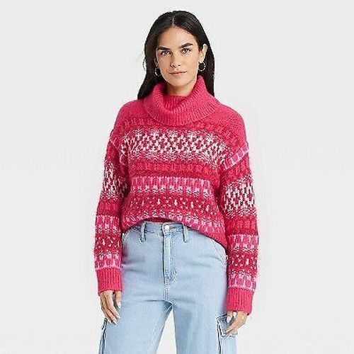 Women's Turtleneck Pullover Sweater - Universal Thread Pink Jacquard S