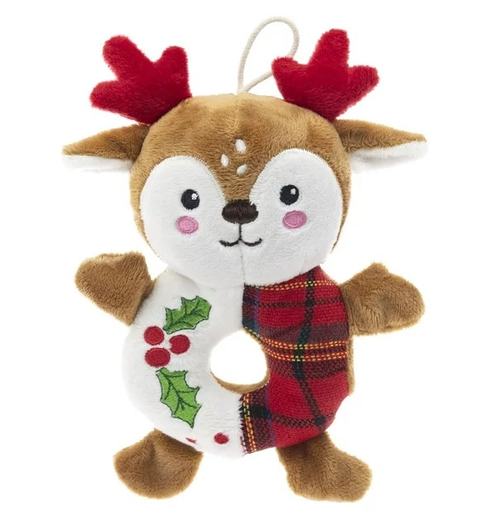 Vibrant Life Holiday 7 inch Stuffed Plush Squeaky Christmas Reindeer Ring Dog