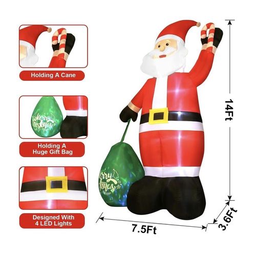 14 Ft Giant Santa Claus Christmas Inflatable, with Gift Bag And Colorful LED