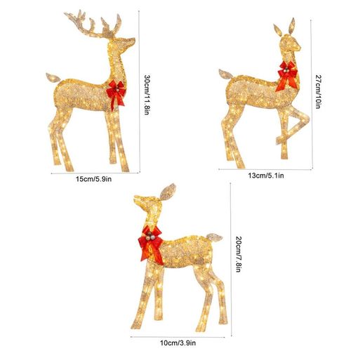 3× Light-Up Deer Holiday Decoration Outdoor decor Set Red Bows Christmas Lighted