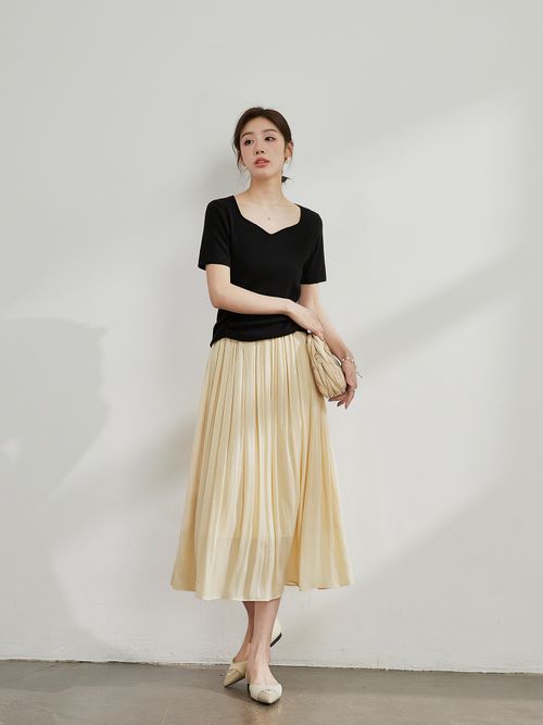 Weiyang Classy Pleated Womens Summer Apricot Moonlight Skirt