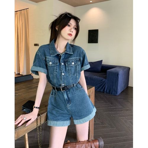 Retro Short Sleeve Spring WaistTight WideLeg Pants Parka