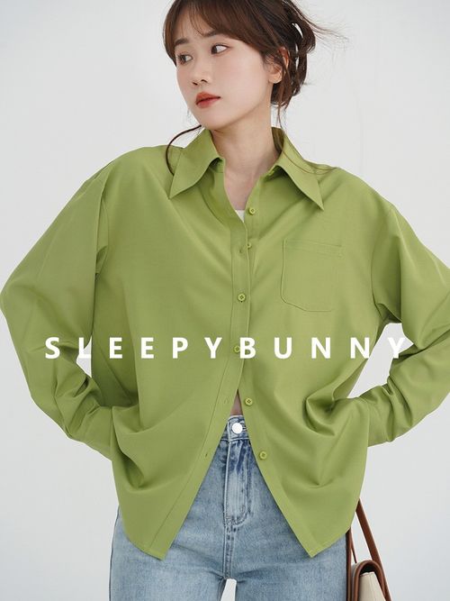 Sleepy Bunny Green Casual Loose Minimalist Long Sleeve Shirt