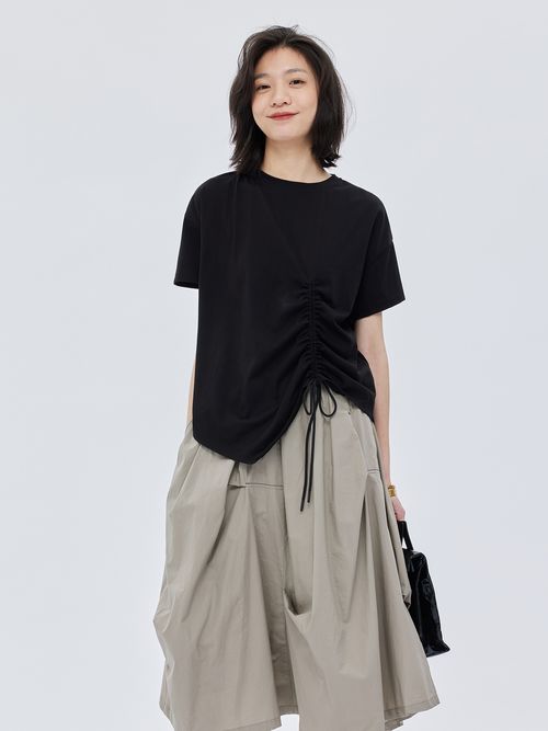 Asymmetric ICE Cotton Top Tshirt with Short Sleeves Ins Drawstring