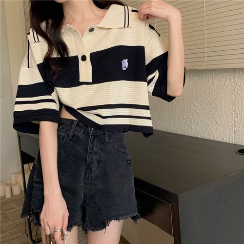 Womens Summer Niche Stripes Slim Looking Chic Knitting Polo Shirt