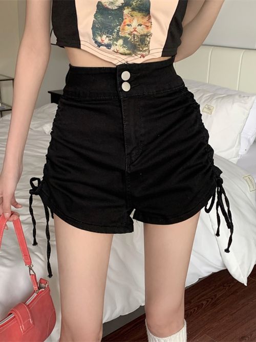 Black American Drawstring High Waist Denim Shorts