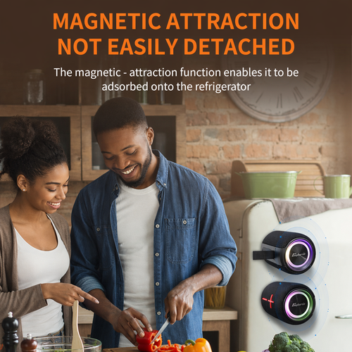 2-in-1 portable wireless speaker with separate components, IPX6 waterproof magnetic dual speakers, RGB lighting, TWS pairing, suitable for outdoor and home use.
