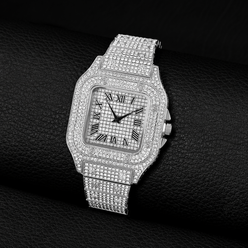 Bovoria Iced Out Square Watch & Cuban Bracelet Set - 2 Piece Luxury Hip Hop Jewelry Collection