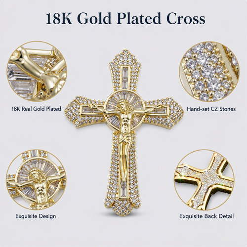 Iced Out 18K Gold Plated Crucifix Cross Necklace - Hand-Set VVS Simulant Stones