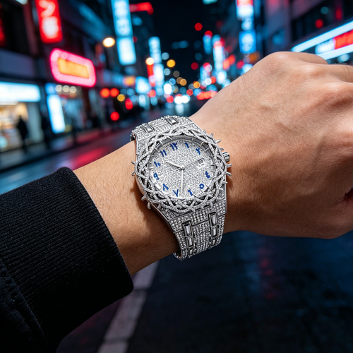 Bovoria Anointed Crown Ice Silver Iced Out Arabic Watch