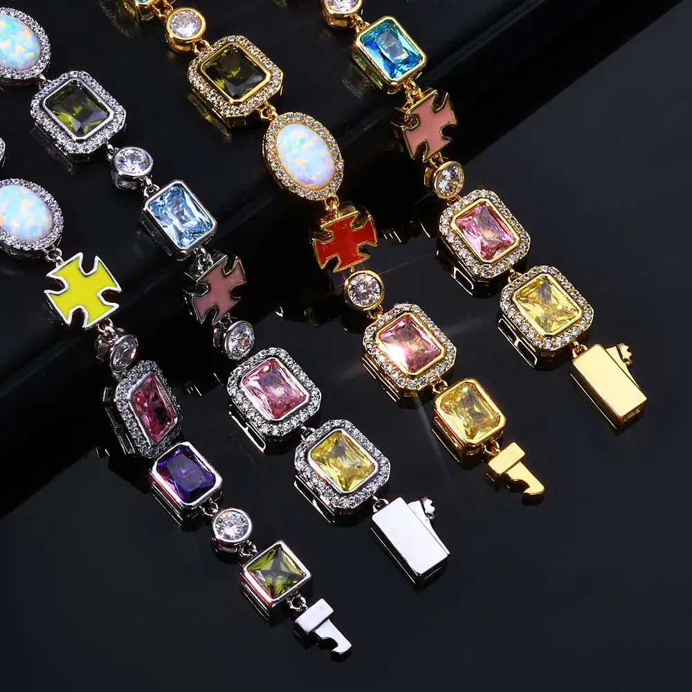 Nuoya Rainbow Cubic Zirconia Necklace  Multi Color Enamel Cross Design Iced Out Geometric Gemstone_Hi