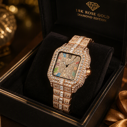 Royal Rainbow Empire Iced Out Square Watch - Premium Gold Edition