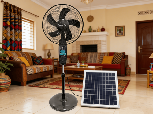 16-Inch Rechargeable Solar Stand Fan with Lithium Battery — Features: Solar Panel, USB Port, RGB LED Strip, LED Light, and Bluetooth Connectivity