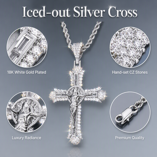 Iced Out 18K Gold Plated Crucifix Cross Necklace - Hand-Set VVS Simulant Stones