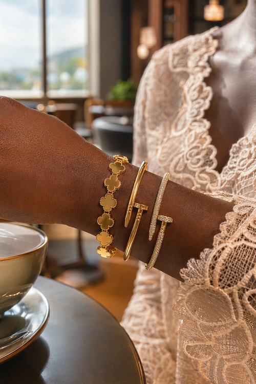 Luxury 18K Gold Plated Non-Tarnish 3-Piece Set - Floral Clover & Nail Bangle Trio Stack