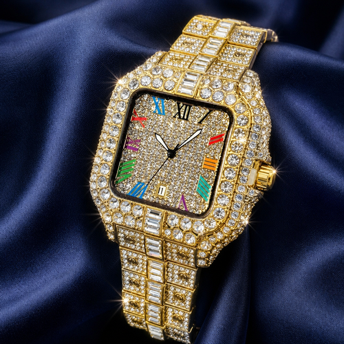 Royal Rainbow Empire Iced Out Square Watch - Premium Gold Edition