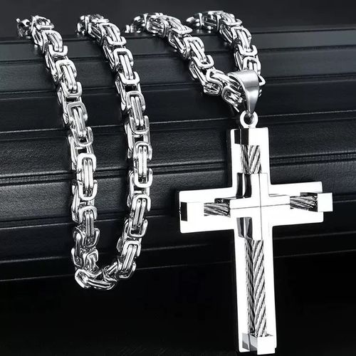 Crown Cross Link Chain Necklace – Gold & Sliver