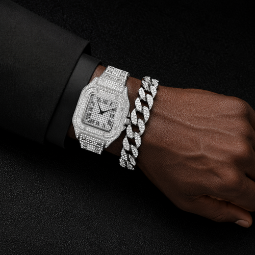 Bovoria Iced Out Square Watch & Cuban Bracelet Set - 2 Piece Luxury Hip Hop Jewelry Collection