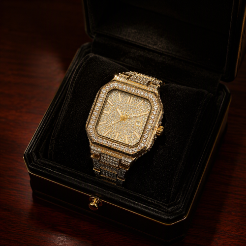 Royal Elite Iced Out Square Watch - Waterproof & Calendar - Unisex Design