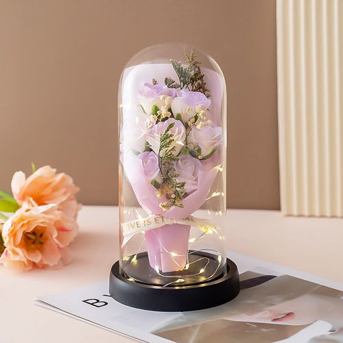 Preserved Rose Bouquet in Glass Dome with LED Lights – Forever Flower Gift 🌹✨