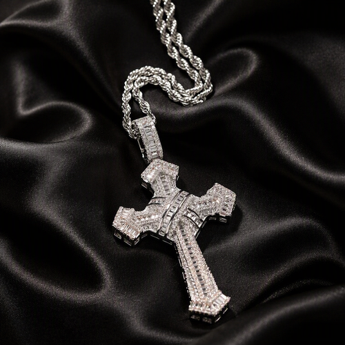 Luxury Iced Out Baguette Cross Pendant - Premium Gold & Silver Hip Hop Necklace