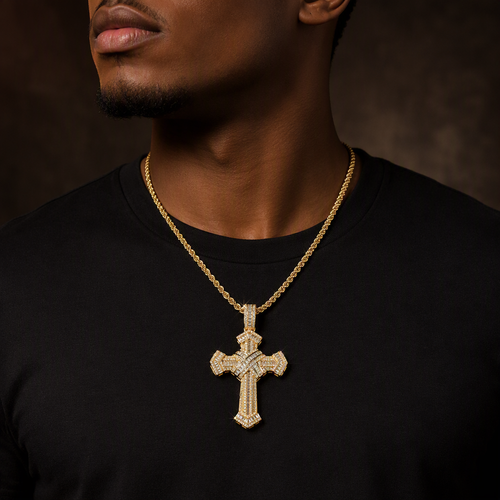 Luxury Iced Out Baguette Cross Pendant - Premium Gold & Silver Hip Hop Necklace