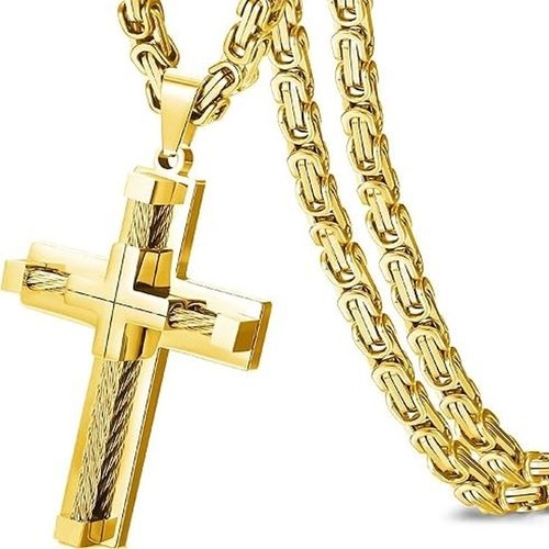 Crown Cross Link Chain Necklace – Gold & Sliver