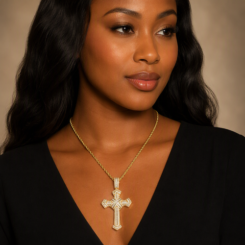 Luxury Iced Out Baguette Cross Pendant - Premium Gold & Silver Hip Hop Necklace