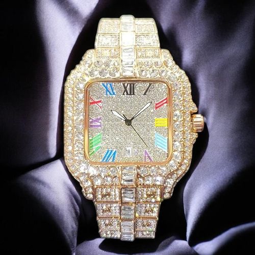 Royal Rainbow Empire Iced Out Square Watch - Premium Gold Edition