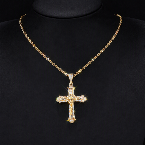 Iced Out 18K Gold Plated Crucifix Cross Necklace - Hand-Set VVS Simulant Stones