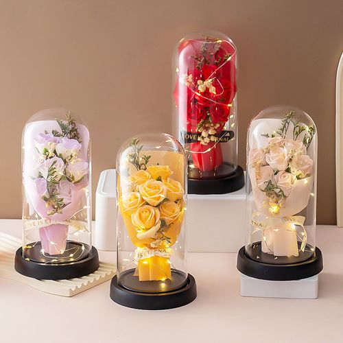 Preserved Rose Bouquet in Glass Dome with LED Lights – Forever Flower Gift 🌹✨