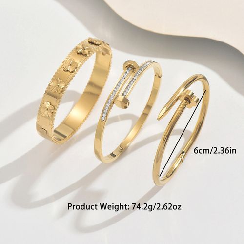 Luxury 18K Gold Plated Non-Tarnish 3-Piece Set - Floral Clover & Nail Bangle Trio Stack
