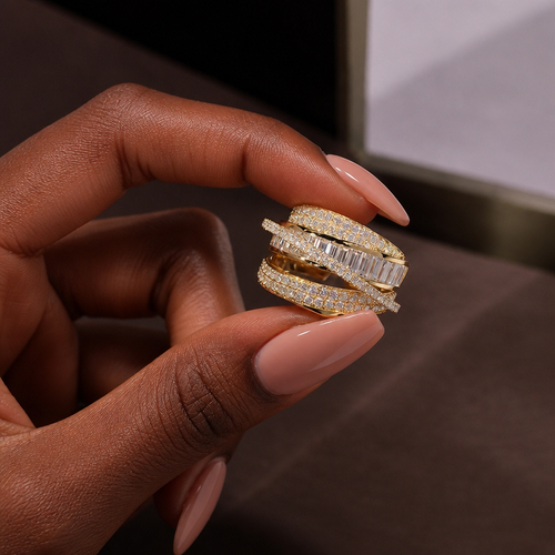 Luxury Gold Baguette Iced Out Ring - Adjustable Empire Fashion Band