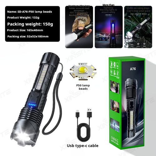 High Power Flashlight Side LED Red Light Work Lights Zoomble Focus Rechargeable Hand Torch with Power Display