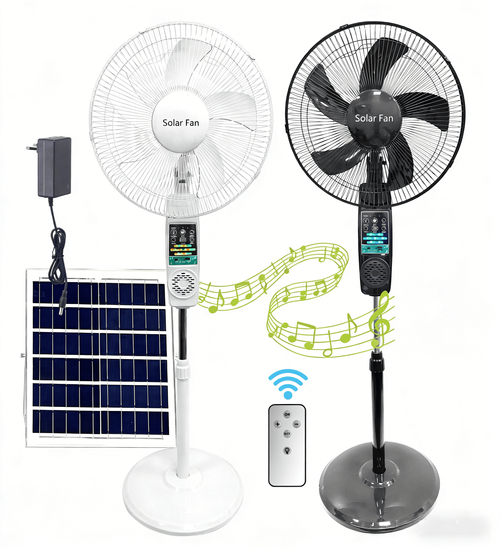 16-Inch Rechargeable Solar Stand Fan with Lithium Battery — Features: Solar Panel, USB Port, RGB LED Strip, LED Light, and Bluetooth Connectivity