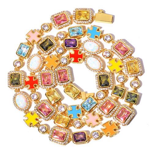 ainbow Cubic Zirconia Necklace Multi Color Enamel Cross Design Iced Out Geometric Gemstone Hip Hop Fine Jewelry