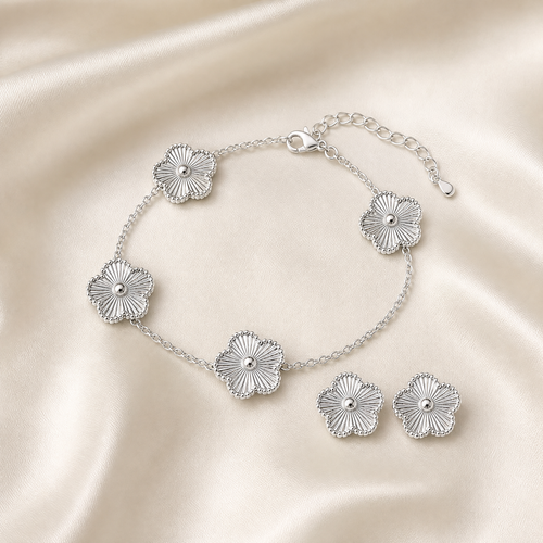 Radiant Bloom Floral Bracelet & Earrings Set — Gold or Silver