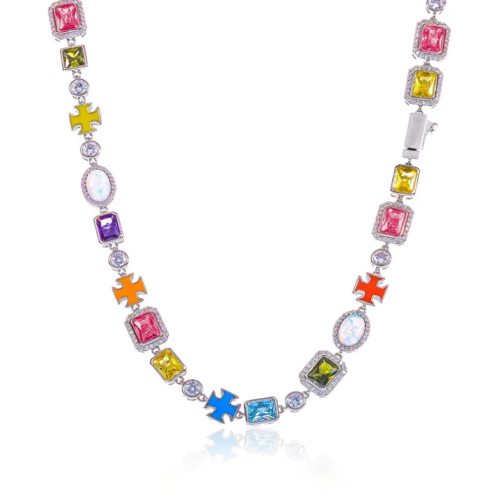 Nuoya Rainbow Cubic Zirconia Necklace  Multi Color Enamel Cross Design Iced Out Geometric Gemstone_Hi