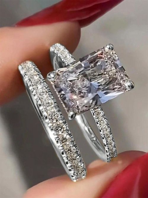 Dainty Women's 2Pcs Sets Rhodium Plated Heart Shape Trendy Wedding Couple Rings Sparkling 3A Cubic Zirconia Rings