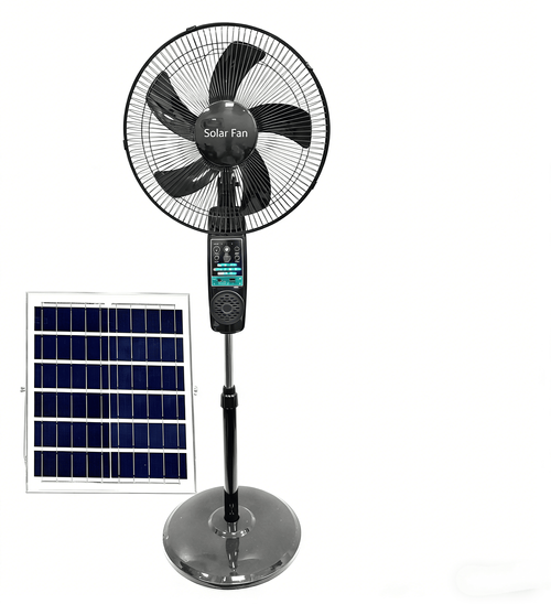 16-Inch Rechargeable Solar Stand Fan with Lithium Battery — Features: Solar Panel, USB Port, RGB LED Strip, LED Light, and Bluetooth Connectivity